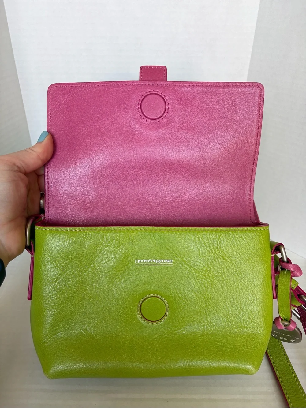 Vintage Y2K Dooney & Bourke Purse Kiwi Green Buckle Hearts Bag Flap Pink Strap - Picture 6 of 16